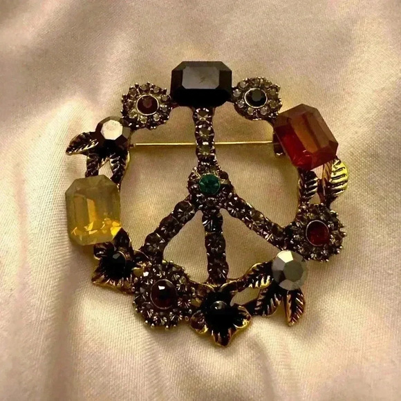 Peace Sign Multicolor Gemstone Brooch - Picture 1 of 4